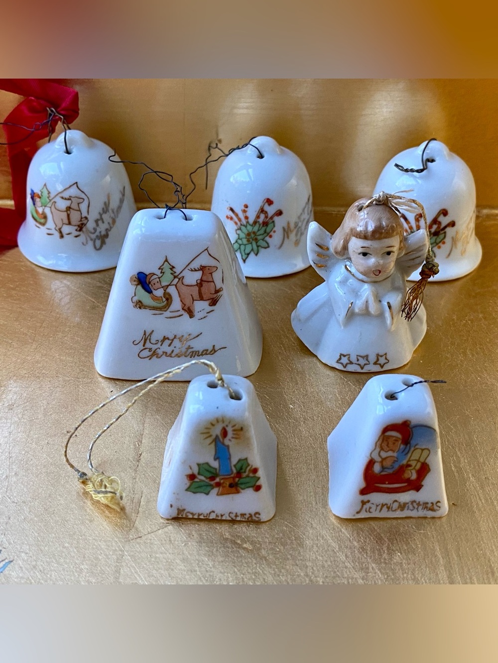 Vintage 1950s (7) Porcelain Christmas Ornaments. Bells and Angel. Japan